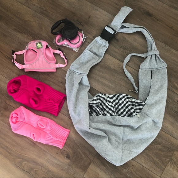 Other - Small Dog Puppy Supplies Lot - Sling Sweaters Leashes Harness